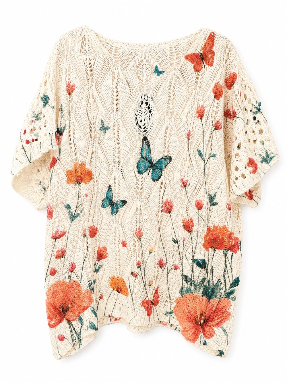 Boho Crochet Floral & Butterfly Open Knit Sweater Top Naturecore Fairy Indie - Picture 3 of 6